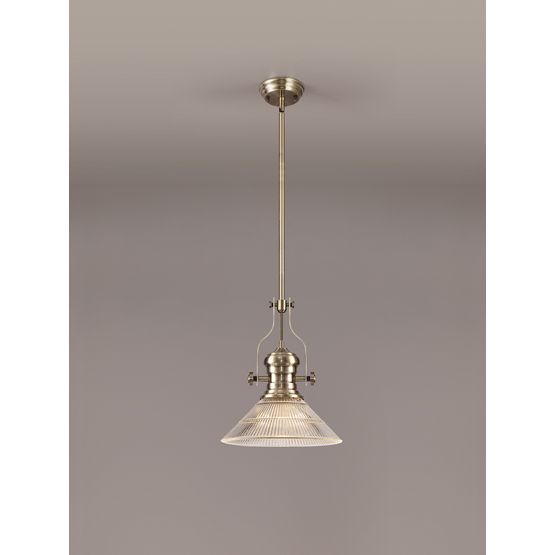 Lucinda 1 Light Pendant E27 With 30cm Cone Glass Shade, Antique Brass/Clear