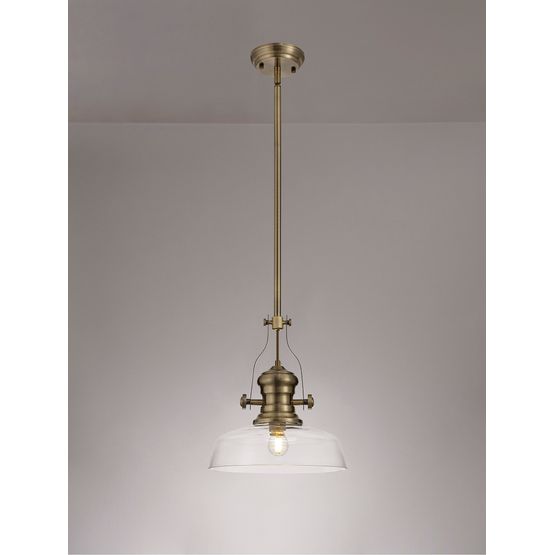 Lucinda 1 Light Pendant E27 With 30cm Flat Round Glass Shade, Antique Brass/Clear