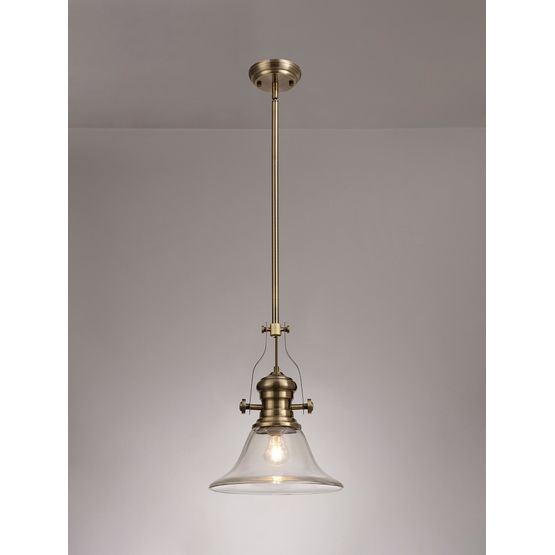 Lucinda 1 Light Pendant E27 With 30cm Smooth Bell Glass Shade, Antique Brass/Clear