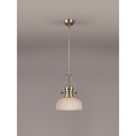Lucinda 1 Light Pendant E27 With 26.5cm Prismatic Glass Shade, Antique Brass/Clear