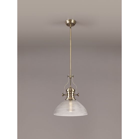 Lucinda 1 Light Pendant E27 With 33.5cm Prismatic Glass Shade, Antique Brass/Clear