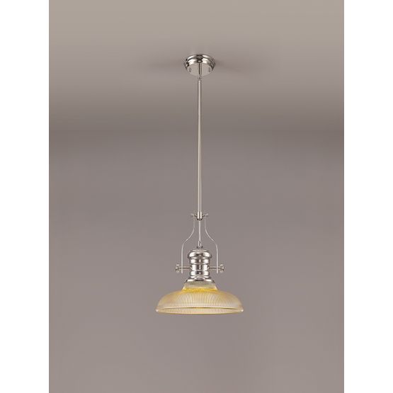 Lucinda 1 Light Pendant E27 With 30cm Round Glass Shade, Polished Nickel/Amber