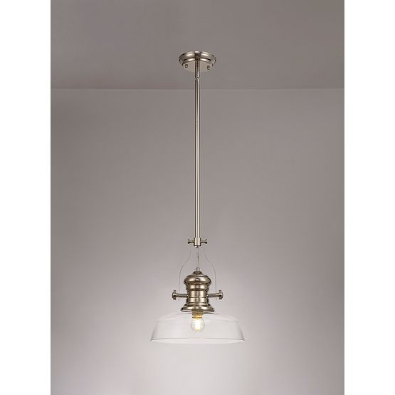 Lucinda 1 Light Pendant E27 With 30cm Flat Round Glass Shade, Polished Nickel/Clear