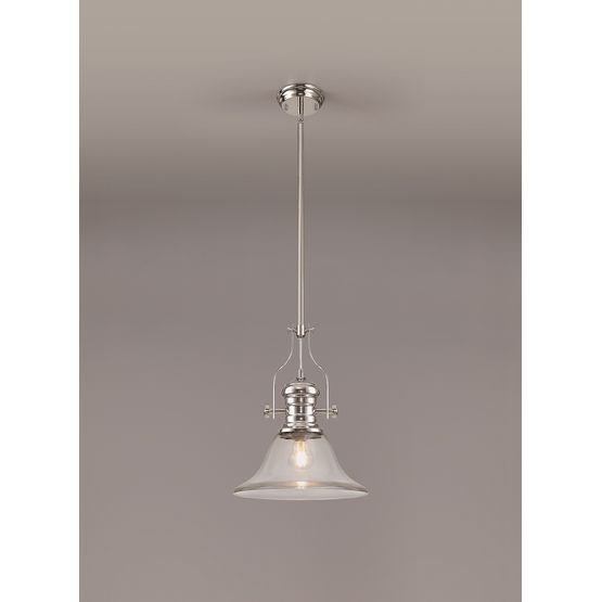 Lucinda 1 Light Pendant E27 With 30cm Smooth Bell Glass Shade, Polished Nickel/Clear