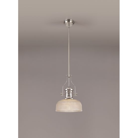 Lucinda 1 Light Pendant E27 With 26.5cm Prismatic Glass Shade, Polished Nickel/Clear
