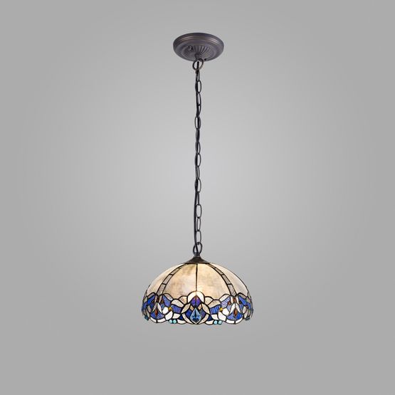 Orella 1 Light Downlight Pendant E27 With 30cm Tiffany Shade, Blue/Clear Crystal/Aged Antique Brass