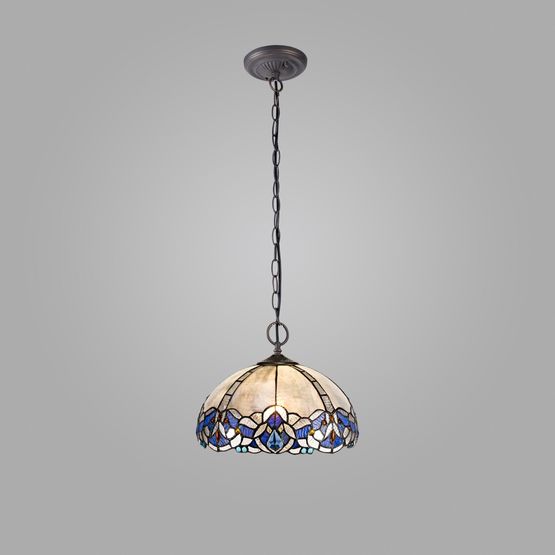 Orella 2 Light Downlight Pendant E27 With 30cm Tiffany Shade, Blue/Clear Crystal/Aged Antique Brass