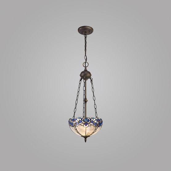 Orella 2 Light Uplighter Pendant E27 With 30cm Tiffany Shade, Blue/Clear Crystal/Aged Antique Brass