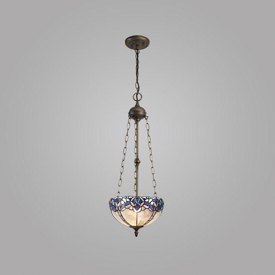Orella 3 Light Uplighter Pendant E27 With 30cm Tiffany Shade, Blue/Clear Crystal/Aged Antique Brass