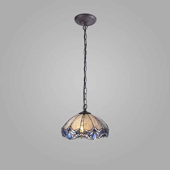 Orella 1 Light Downlight Pendant E27 With 40cm Tiffany Shade, Blue/Clear Crystal/Aged Antique Brass