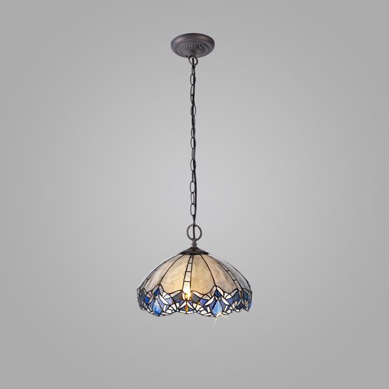Orella 2 Light Downlight Pendant E27 With 40cm Tiffany Shade, Blue/Clear Crystal/Aged Antique Brass
