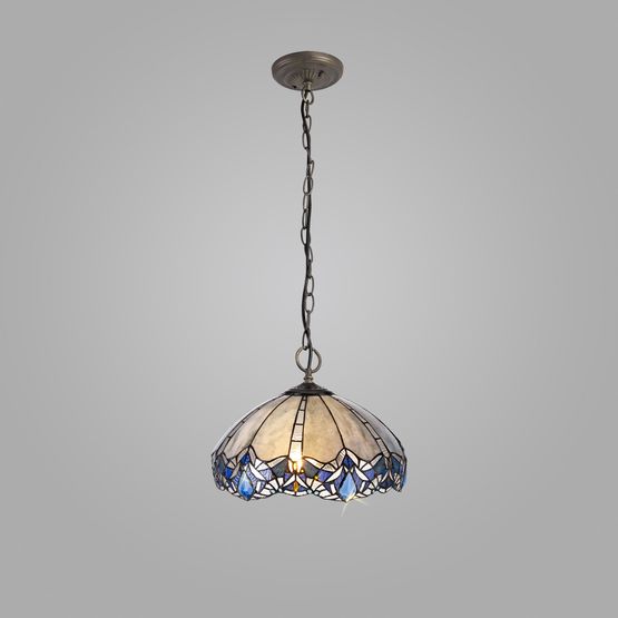 Orella 3 Light Downlight Pendant E27 With 40cm Tiffany Shade, Blue/Clear Crystal/Aged Antique Brass