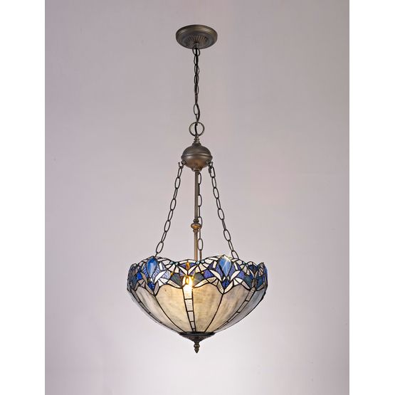 Orella 2 Light Uplighter Pendant E27 With 40cm Tiffany Shade, Blue/Clear Crystal/Aged Antique Brass