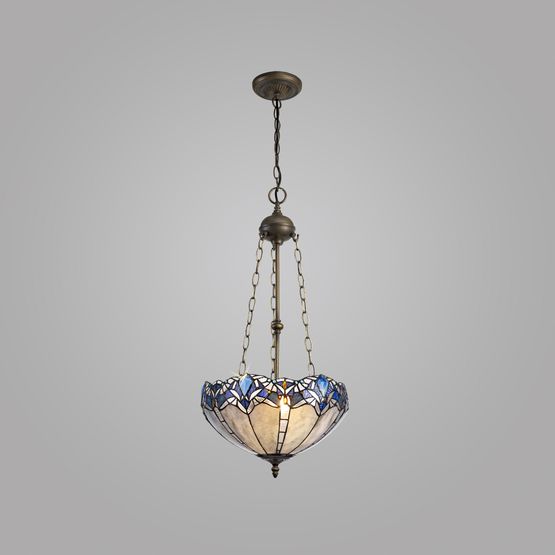 Orella 3 Light Uplighter Pendant E27 With 40cm Tiffany Shade, Blue/Clear Crystal/Aged Antique Brass
