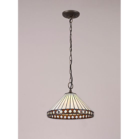 Teresa 1 Light Downlighter Pendant E27 With 30cm Tiffany Shade, Amber/Cream/Crystal/Aged Antique Brass