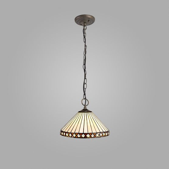 Teresa 3 Light Downlighter Pendant E27 With 30cm Tiffany Shade, Amber/Cream/Crystal/Aged Antique Brass