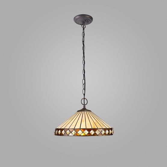 Teresa 2 Light Downlighter Pendant E27 With 40cm Tiffany Shade, Amber/Cream/Crystal/Aged Antique Brass