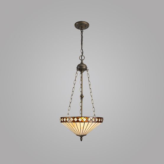 Teresa 3 Light Uplighter Pendant E27 With 40cm Tiffany Shade, Amber/Cream/Crystal/Aged Antique Brass