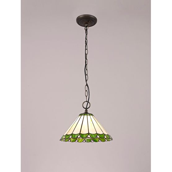 Una 1 Light Downlighter Pendant E27 With 30cm Tiffany Shade, Green/Cream/Crystal/Aged Antique Brass