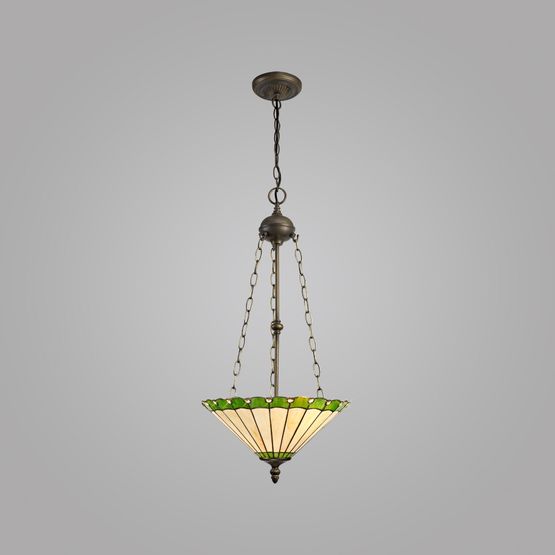 Una 3 Light Uplighter Pendant E27 With 40cm Tiffany Shade, Green/Cream/Crystal/Aged Antique Brass