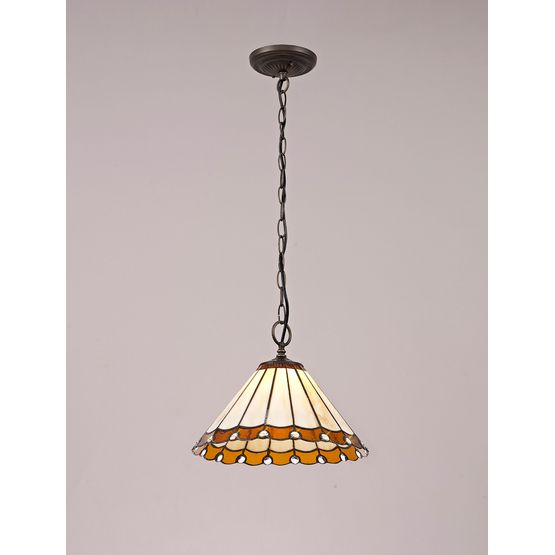 Una 1 Light Downlighter Pendant E27 With 30cm Tiffany Shade, Amber/Cream/Crystal/Aged Antique Brass