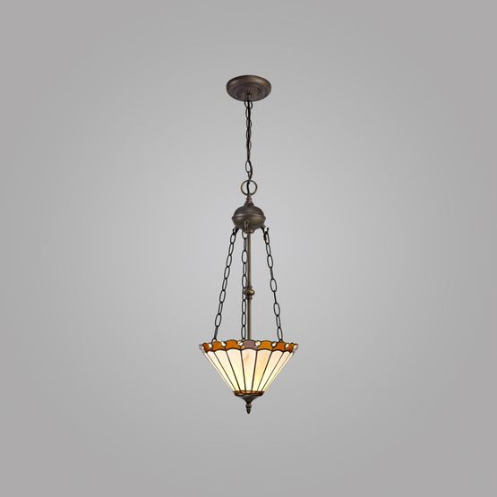 Una 2 Light Uplighter Pendant E27 With 30cm Tiffany Shade, Amber/Cream/Crystal/Aged Antique Brass