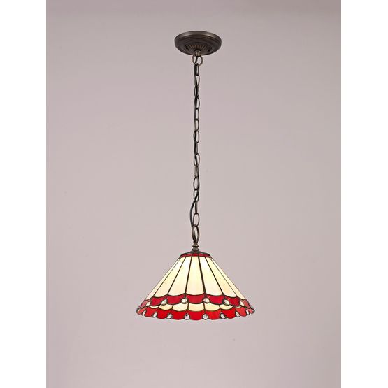 Una 1 Light Downlighter Pendant E27 With 30cm Tiffany Shade, Red/Cream/Crystal/Aged Antique Brass