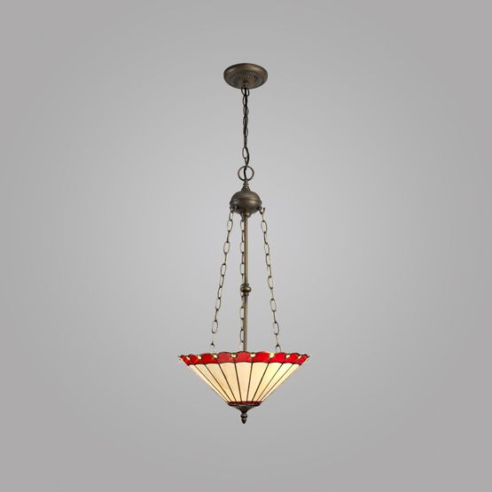 Una 3 Light Uplighter Pendant E27 With 40cm Tiffany Shade, Red/Cream/Crystal/Aged Antique Brass