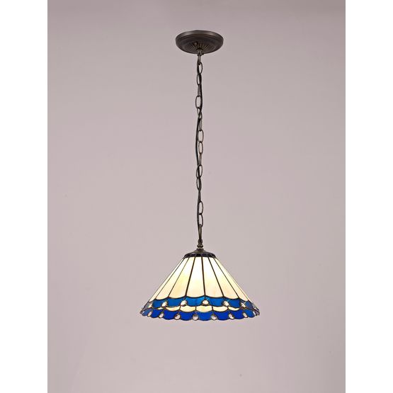Una 1 Light Downlighter Pendant E27 With 30cm Tiffany Shade, Blue/Cream/Crystal/Aged Antique Brass