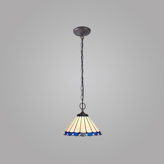 Una 2 Light Downlighter Pendant E27 With 30cm Tiffany Shade, Blue/Cream/Crystal/Aged Antique Brass