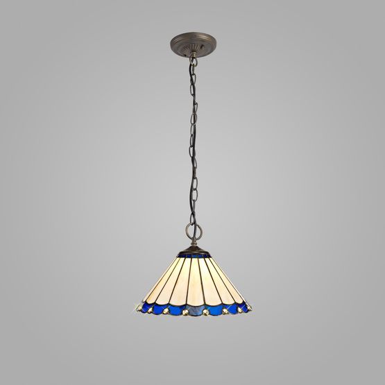 Una 3 Light Downlighter Pendant E27 With 30cm Tiffany Shade, Blue/Cream/Crystal/Aged Antique Brass