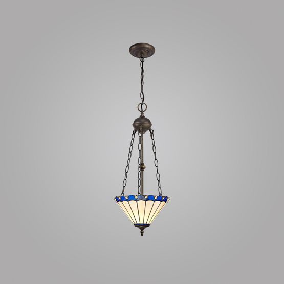 Una 2 Light Uplighter Pendant E27 With 30cm Tiffany Shade, Blue/Cream/Crystal/Aged Antique Brass