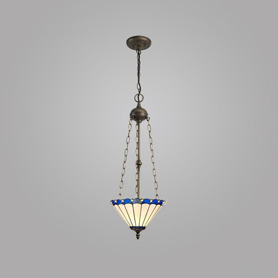 Una 3 Light Uplighter Pendant E27 With 30cm Tiffany Shade, Blue/Cream/Crystal/Aged Antique Brass