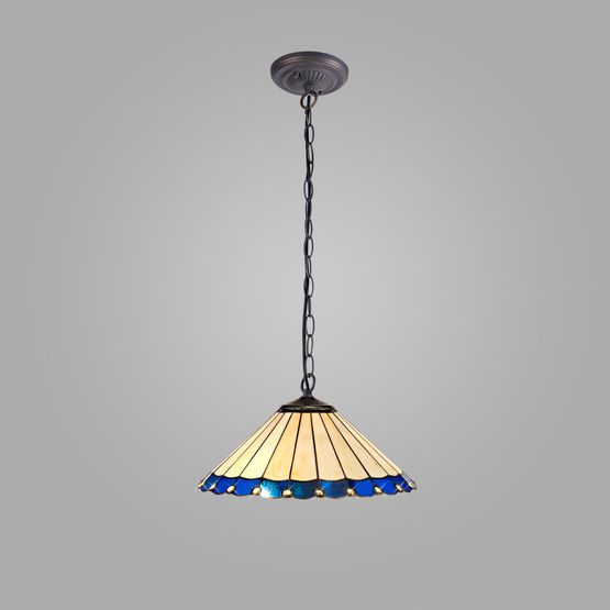 Una 1 Light Downlighter Pendant E27 With 40cm Tiffany Shade, Blue/Cream/Crystal/Aged Antique Brass