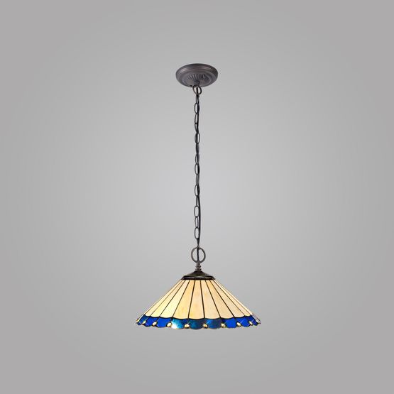 Una 2 Light Downlighter Pendant E27 With 40cm Tiffany Shade, Blue/Cream/Crystal/Aged Antique Brass