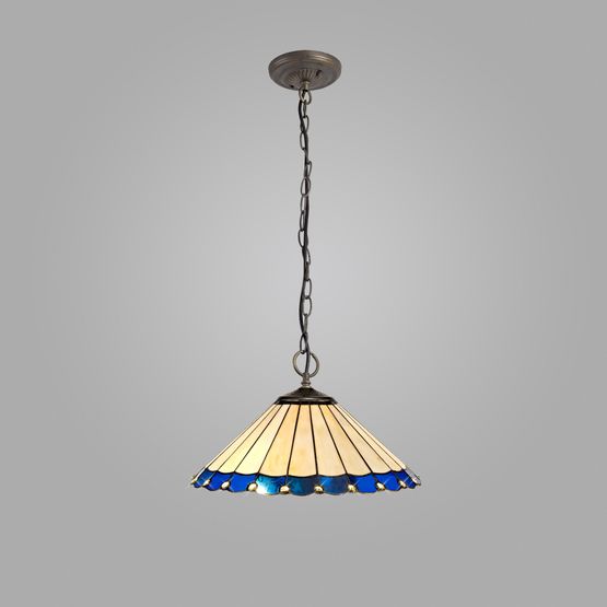 Una 3 Light Downlighter Pendant E27 With 40cm Tiffany Shade, Blue/Cream/Crystal/Aged Antique Brass