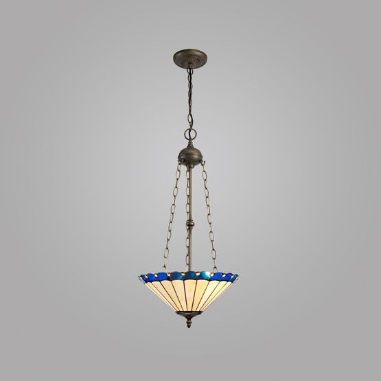 Una 3 Light Uplighter Pendant E27 With 40cm Tiffany Shade, Blue/Cream/Crystal/Aged Antique Brass