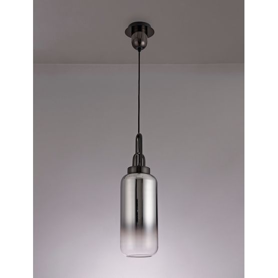 Angela 1 Light Pendant E27 With 16cm Cylinder Glass, Black Chrome/Matt Black/Smoked/Clear