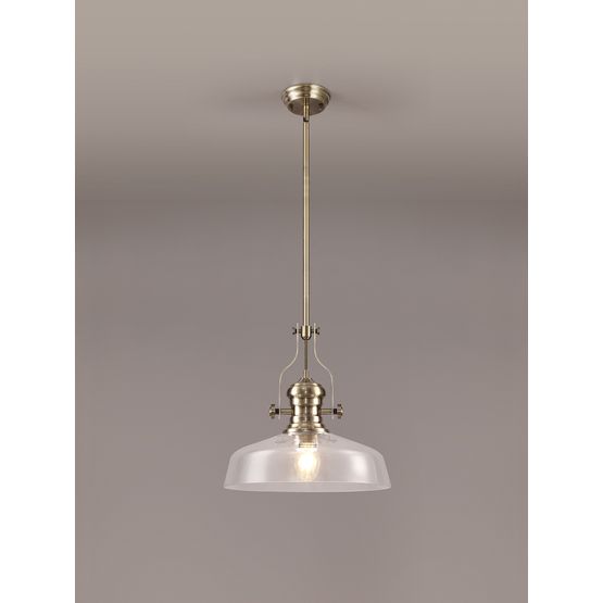 Lucinda Pendant With 38cm Flat Round Shade, 1 x E27, Antique Brass/Clear Glass