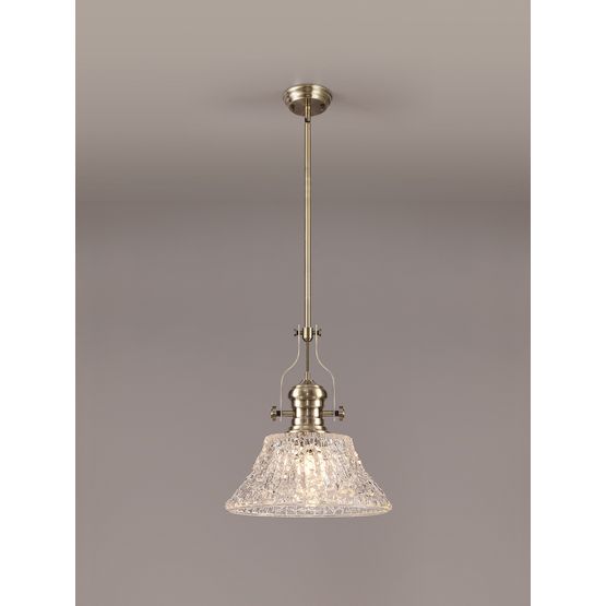 Lucinda Pendant With 38cm Patterned Round Shade, 1 x E27, Antique Brass/Clear Glass