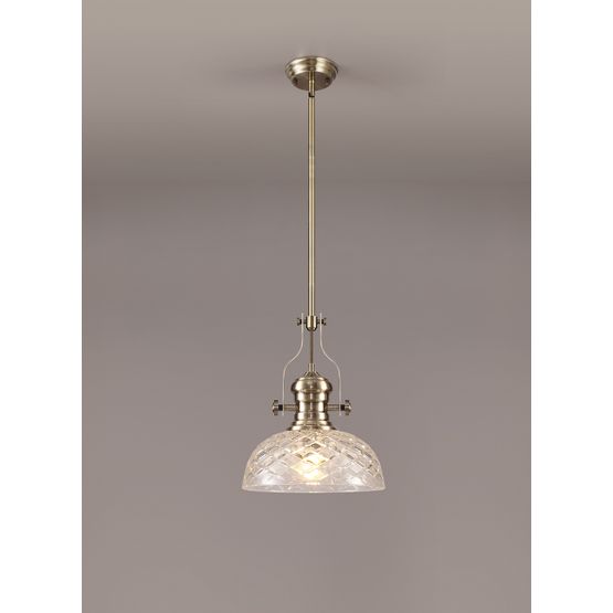 Lucinda Pendant With 30cm Flat Round Patterned Shade, 1 x E27, Antique Brass/Clear Glass