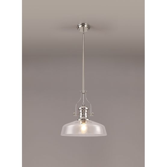 Lucinda Pendant With 38cm Flat Round Shade, 1 x E27, Polished Nickel/Clear Glass