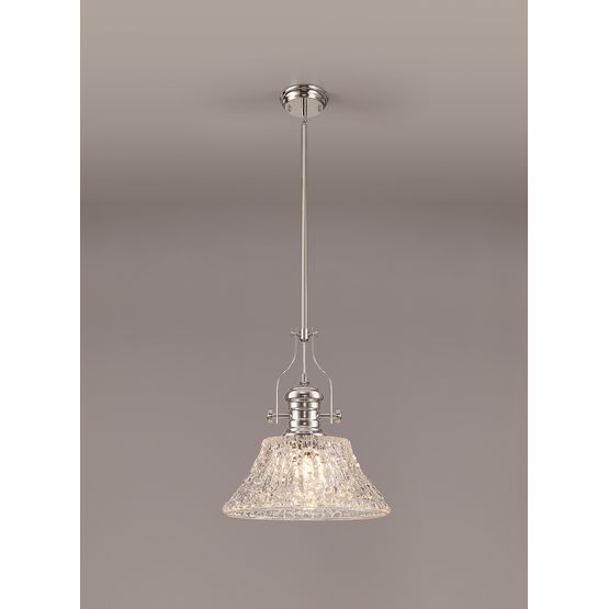 Lucinda Pendant With 38cm Patterned Round Shade, 1 x E27, Polished Nickel/Clear Glass
