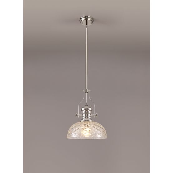 Lucinda Pendant With 30cm Flat Round Patterned Shade, 1 x E27, Polished Nickel/Clear Glass