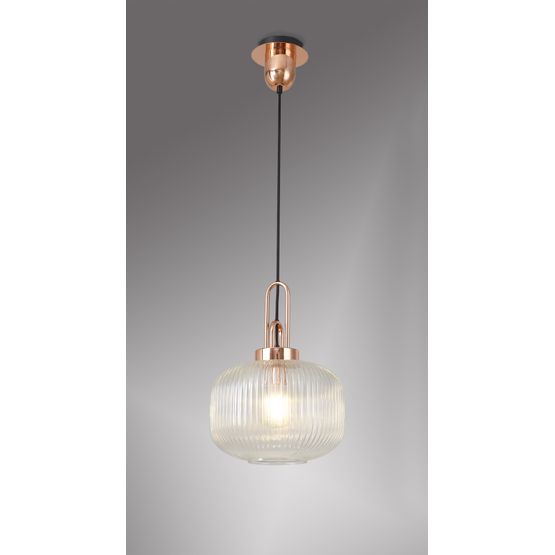 Angela 1 Light Pendant E27 With 30cm Pumpkin Shaped Ribbed Glass, Clear Copper/Matt Black