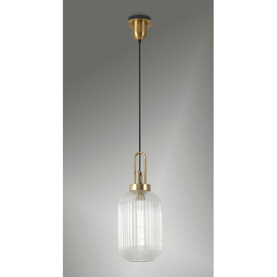 Angela 1 Light Pendant E27 With 20cm Tubular Ribbed Glass, Clear Brass Gold/Matt Black