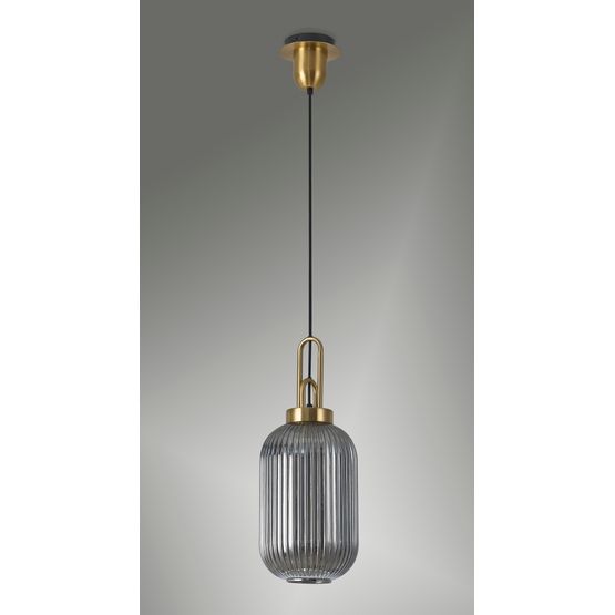 Angela 1 Light Pendant E27 With 20cm Tubular Ribbed Glass, Smoked Brass Gold/Matt Black
