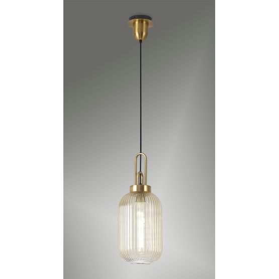 Angela 1 Light Pendant E27 With 20cm Tubular Ribbed Glass, Champagne Brass Gold/Matt Black