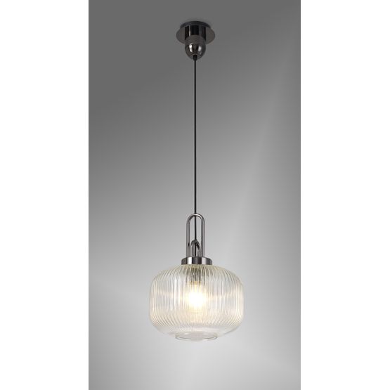 Angela 1 Light Pendant E27 With 30cm Pumpkin Shaped Ribbed Glass, Clear Black Chrome/Matt Black