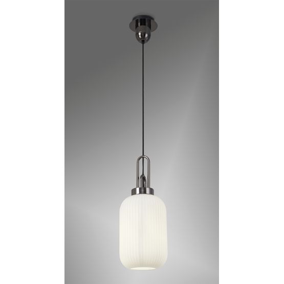 Angela 1 Light Pendant E27 With 20cm Tubular Ribbed Glass, Opal Black Chrome/Matt Black